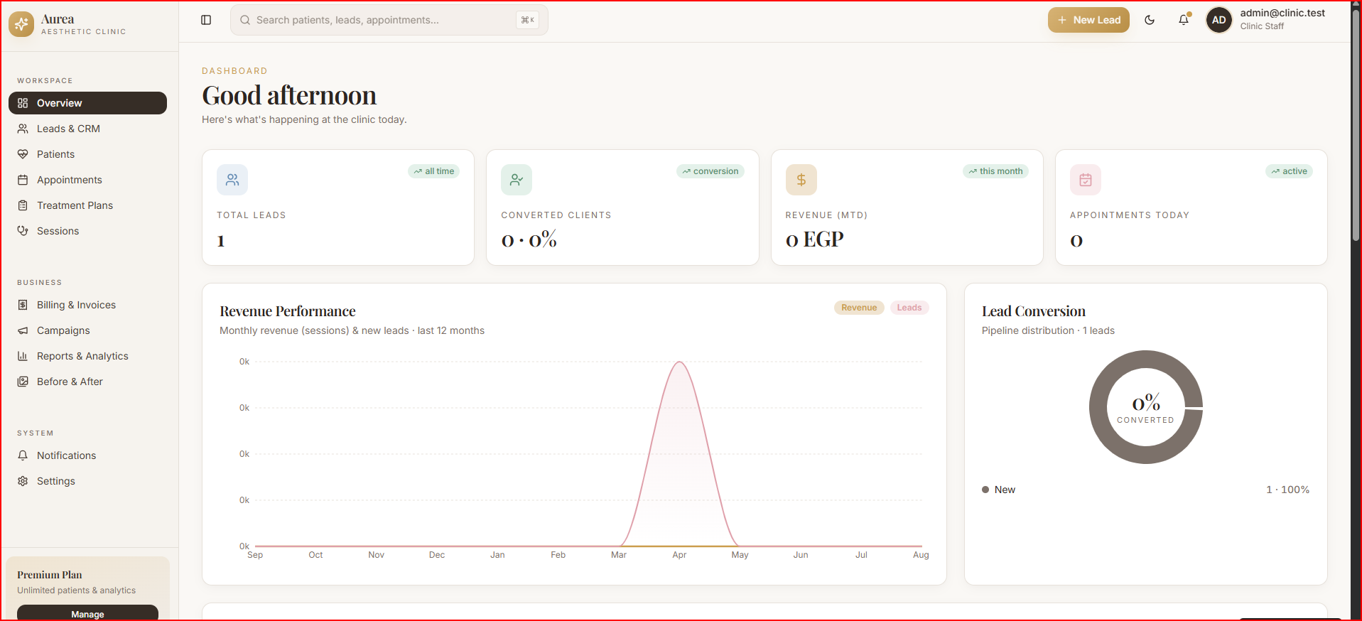 An operations system for aesthetic clinics — leads and CRM, patients, appointments, treatment plans, sessions, billing, campaigns and analytics in one workspace.